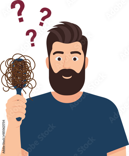 Confused bearded man holding hairbrush with hair loss, male anxiety about thinning hair, grooming and health illustration concept