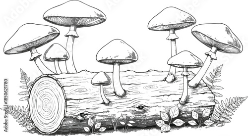 Detailed hand drawn mushrooms growing on fallen tree log, black and white botanical forest fungi illustration sketch artwork