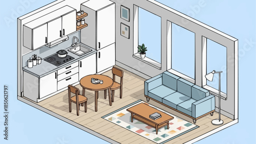 Cozy Isometric Apartment Interior Design with Kitchen and Living Area.