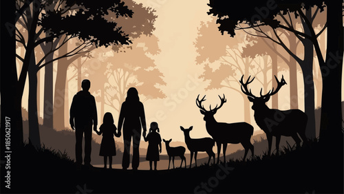 Family and deer silhouette in a forest setting.