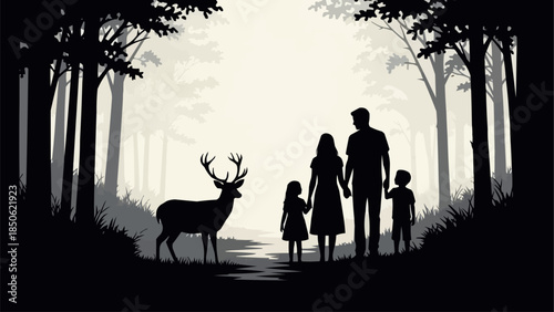 Family and Deer in a Forest Silhouette.