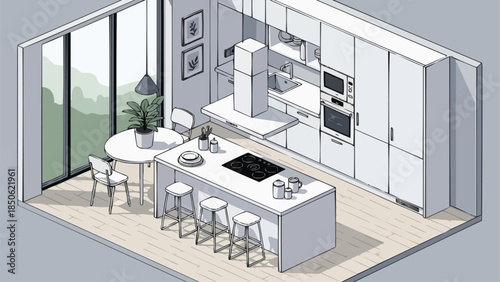 Modern Isometric Kitchen Design with Island and Dining Area.