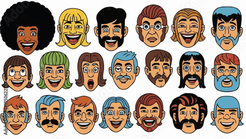 Collection of Diverse Cartoon Faces Expressing Joyful Emotions.