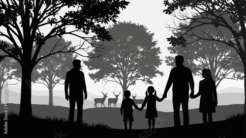 Family Silhouette Walking Together Holding Hands in Nature.