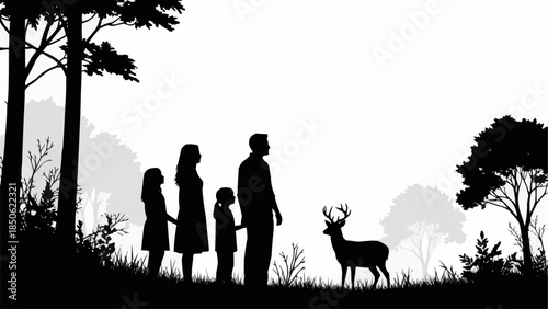 Family silhouette observing a deer in a forest setting.