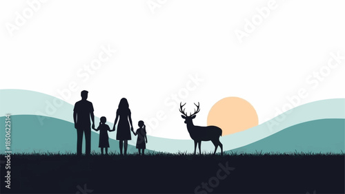 Family Silhouette with Deer in Nature Landscape.