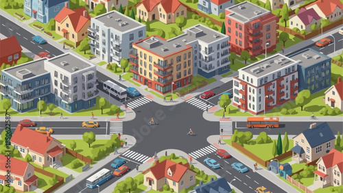 Isometric View of a Bustling City Intersection with Modern Buildings and Traffic.