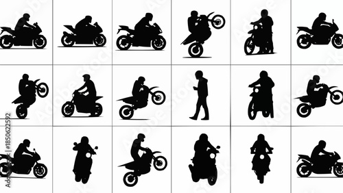 Collection of Motorcycle Silhouettes in Various Poses and Actions.