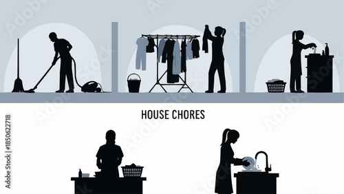 People doing various household chores and cleaning tasks.