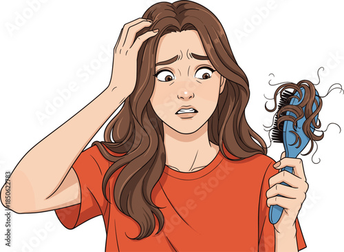 Worried woman holding hairbrush with hair loss problem, female stress and anxiety about thinning hair, beauty health illustration