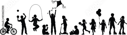 Children silhouette illustration, outdoor play, physical activity, childhood fun, group kids, recreation, sports, movement, summer, active lifestyle, teamwork, joy, exercise, friendship, park