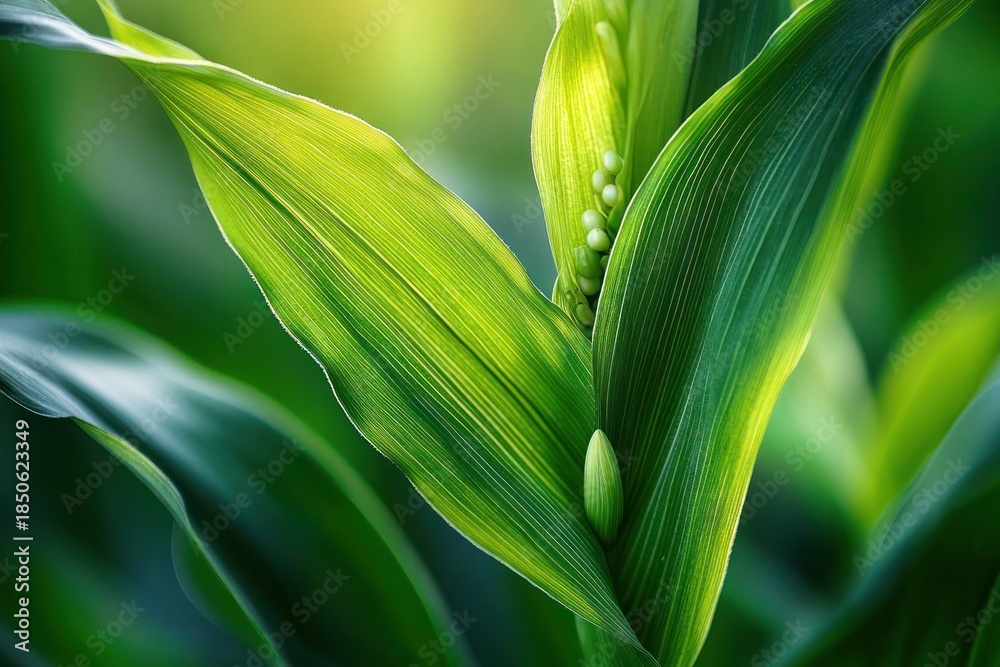 Obraz premium Close-up of vibrant green leaves with small pale buds and sunlight filtering through, evoking calm fresh serenity