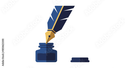 ink pen and feather quill illustration dipping in inkwell on white background vintage writing tool icon for publishing and literature branding