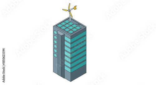 isometric eco friendly office building with rooftop solar panels and wind turbine generator symbolizing sustainable smart city energy