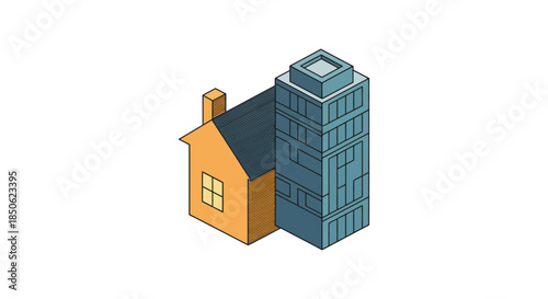 isometric house and apartment building side by side illustrating urban housing market contrast for real estate rent vs buy concepts