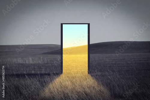 An open door into a field is like a portal to another dimension.