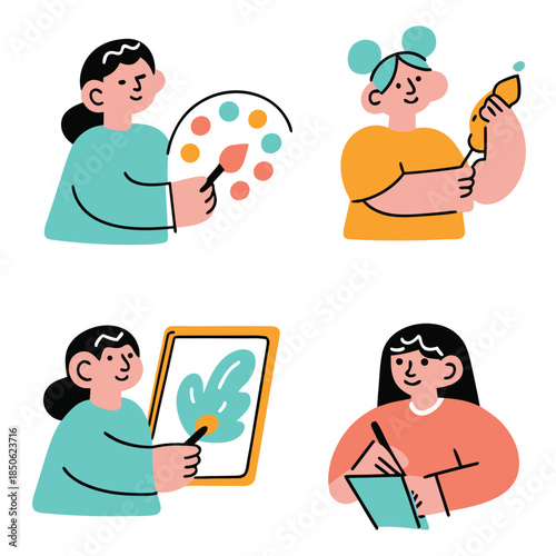 Hand Drawn Artist Painting and Creativity Vector Illustration Set