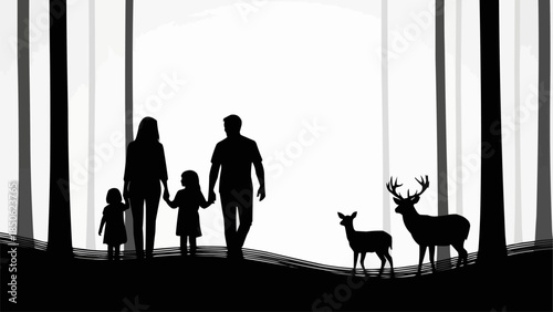 Family Walking in Forest Encountering Deer Wildlife.