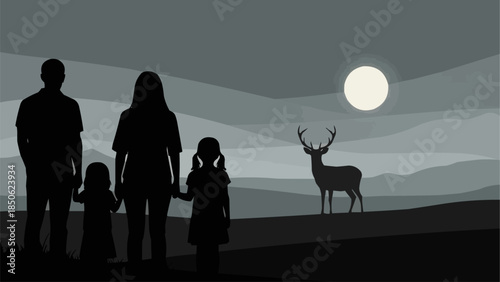 Family Silhouette Observing a Majestic Deer Under the Full Moon.