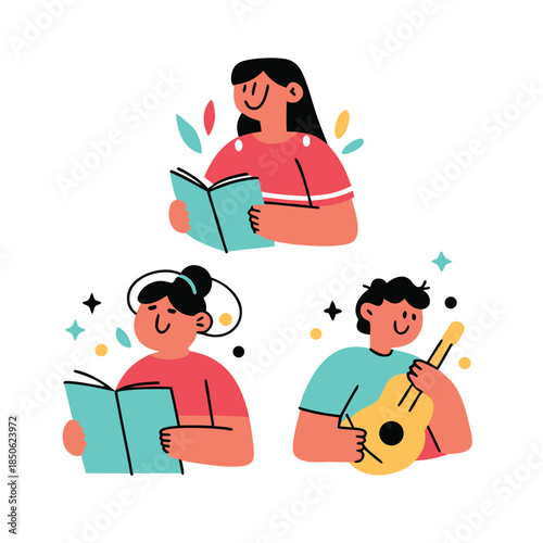 Hand Drawn Student Hobbies and Talent Vector Illustration Set with Reading and Music