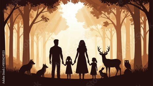 Family and animals silhouetted in a magical forest setting.