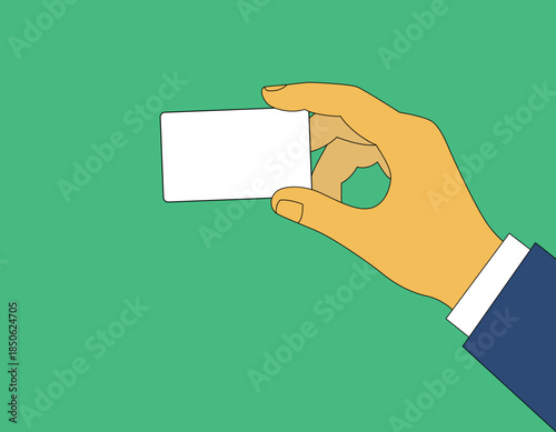 名刺を持つビジネスシーンの手のイラスト　空白ありグリーン背景