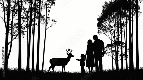 Family encounters a deer in a forest silhouette.