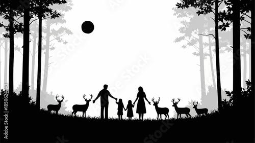 Family Silhouette with Deer in a Forest.