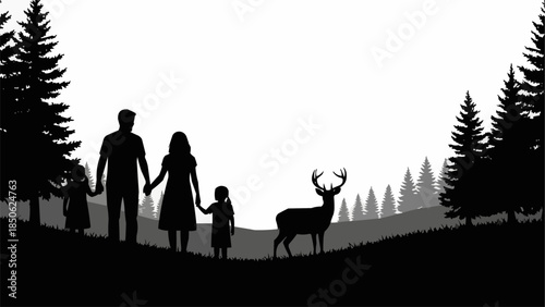 Family and Deer Silhouette in Nature.