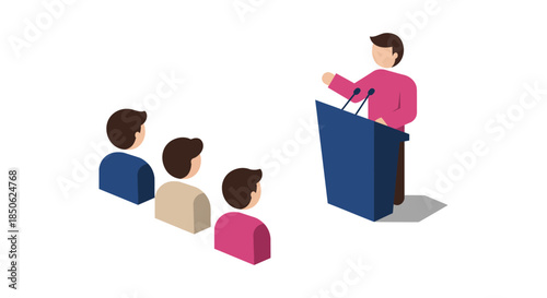 isometric public speaker giving presentation at podium to audience flat business conference illustration for leadership and training concepts