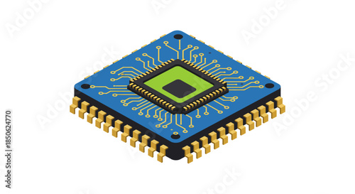 isometric microchip illustration with central processor unit and circuit board connections modern semiconductor technology icon for it blogs