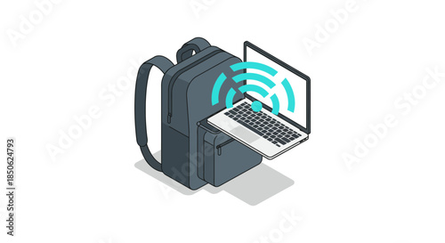 laptop backpack with wireless internet icon modern travel tech gear for remote work and digital nomad lifestyle isolated vector illustration