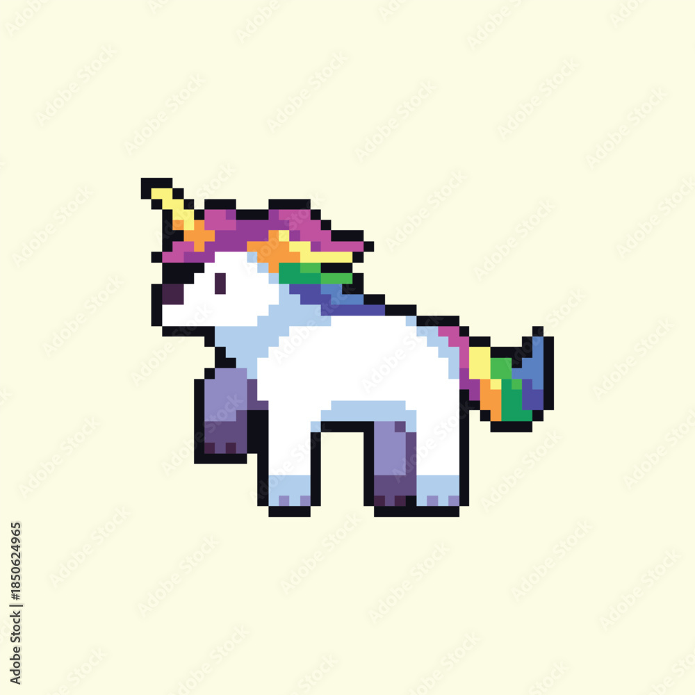 Fototapeta premium this is pixel art unicorn with colorful color and white background this item good for presentations,stickers, icons, t shirt design,game asset,logo and your project.