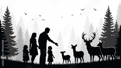 Family interacting with deer in a forest setting silhouette.