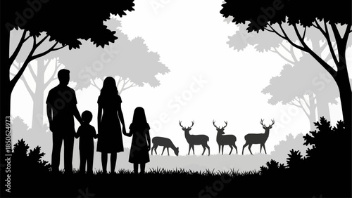 Family Silhouette Observing Deer in Forest Landscape.