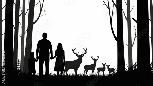 Family and Deer Silhouette in Forest.