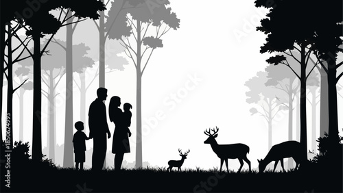 Family Observing Deer in a Misty Forest Silhouette.