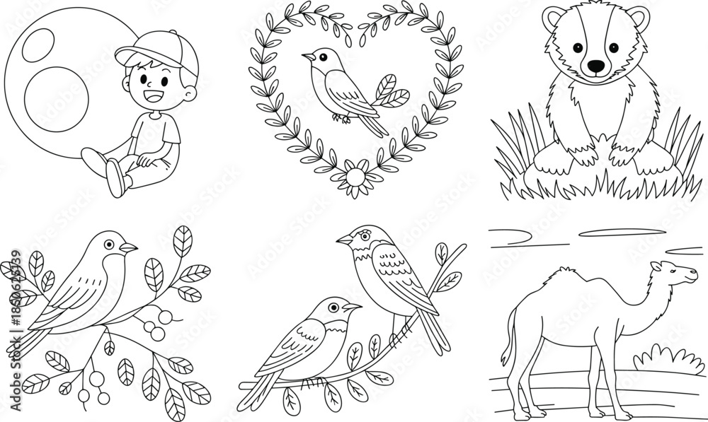 Fototapeta premium Black and white line of children animals and birds