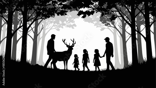 Family with Deer in Forest Silhouette.