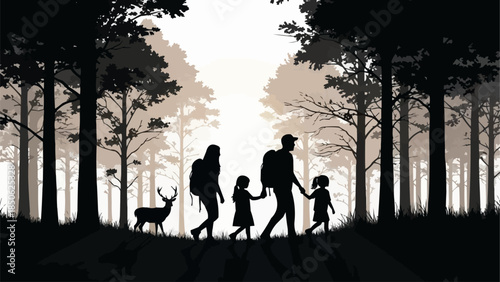 Family walking in forest with deer silhouette.