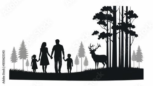 Family Silhouette Walking Together in Nature with Deer.