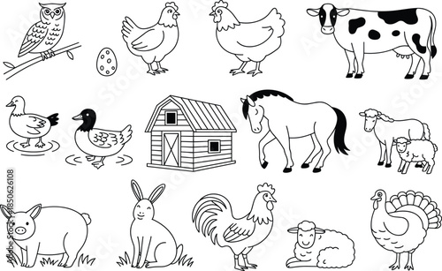 Black and white farm animals and barn chicken rooster