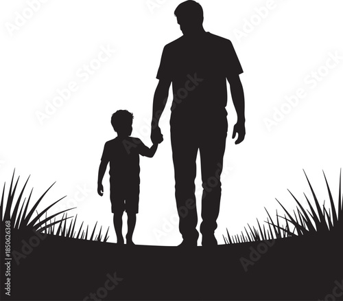 Silhouette of a man and a child walking hand in hand outdoors