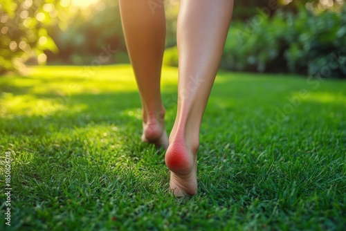 bare lower legs and bare feet walking on sunlit green grass in a peaceful garden, warm light and soft foliage evoking calm and relaxation