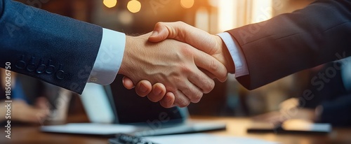 Close-up of two people in suits shaking hands over a desk with a laptop and warm bokeh lights, conveying professional agreement and trust