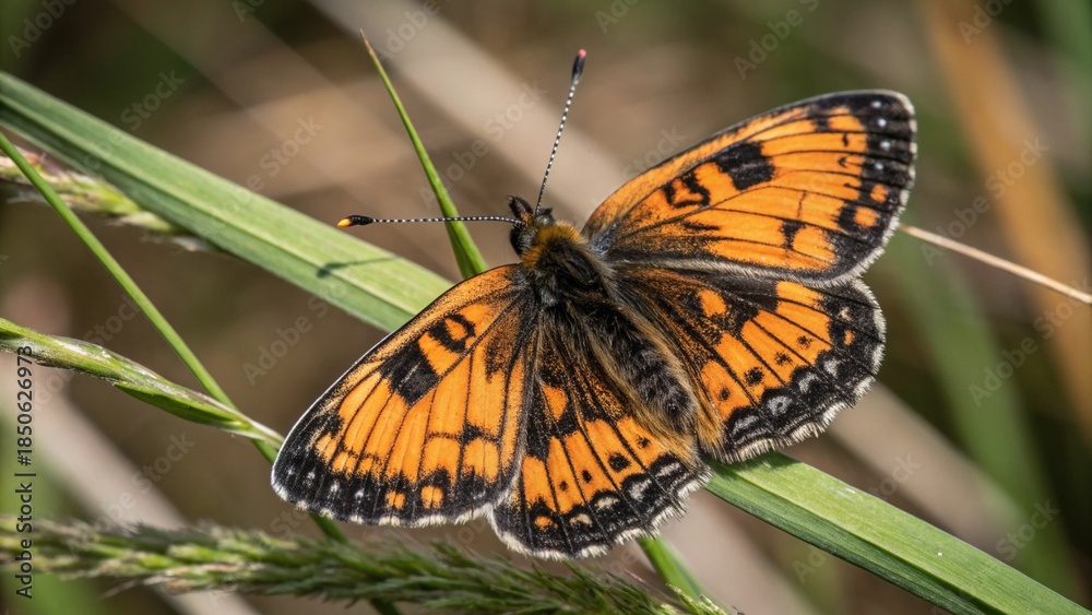 Obraz premium A delicate monarch butterfly with orange and black wings rests on a colorful flower in a summer garden, showcasing the beauty of nature in this macro wildlife close-up