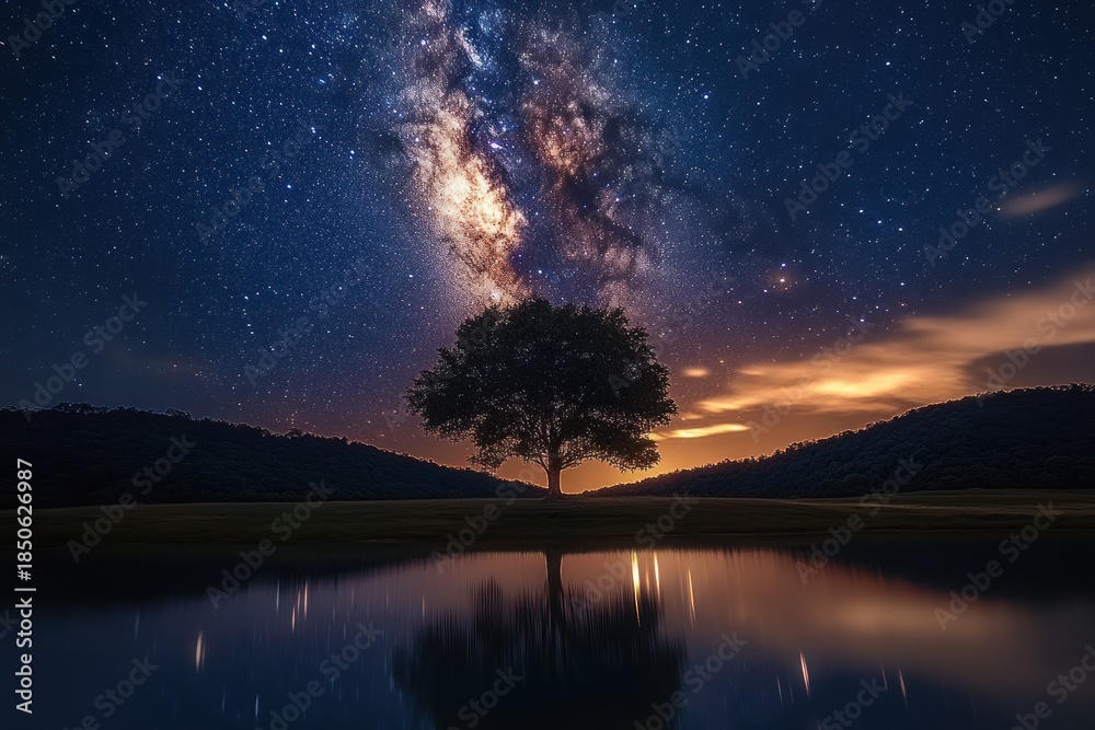 Obraz premium Solitary tree on a grassy hill reflected in a calm lake beneath a vivid Milky Way and star-filled sky with a warm glowing horizon, evoking serene awe