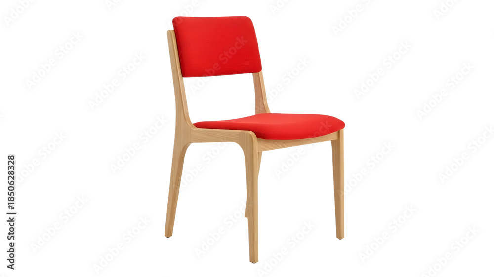 Fototapeta premium Modern minimalist wooden chair with bright red fabric seat, isolated