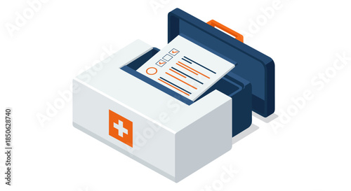 medical report printing from electronic health record system isometric illustration for hospital paperwork insurance and compliance