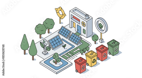 Eco friendly business building with solar panels and recycling bins
